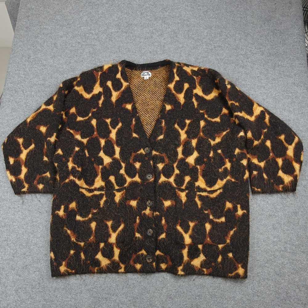 Future Collective Cardigan Womens 2X Brown Animal Print Chunky-Knit Oversized